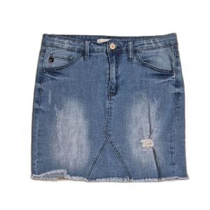 KanCan Mini Skirt 7 / 27  Denim Jean Pencil Mildly Distressed Raw Hem Classic